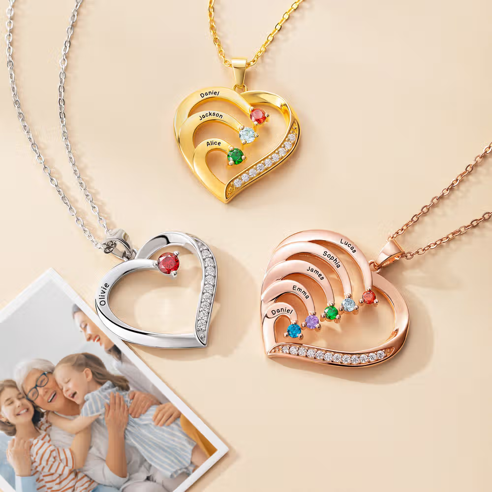 3 Personalized Family Heart Pendant Sterling Silver Necklaces with 1-6 Engraved Names