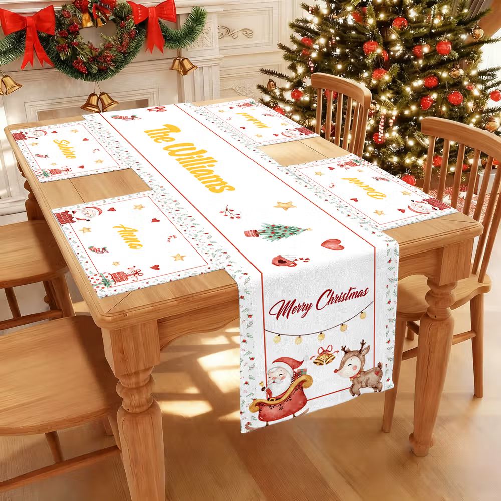 White embroidered table runner with Christmas pattern