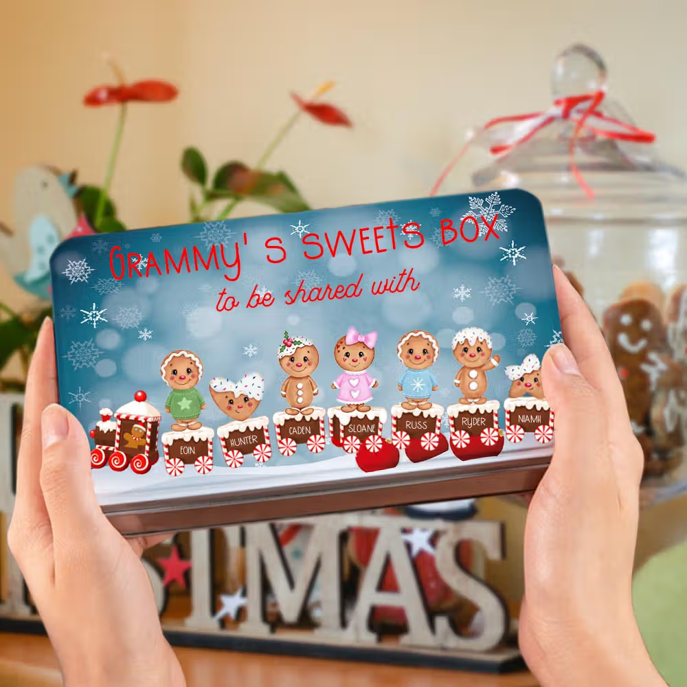 Christmas festive biscuit tin with names