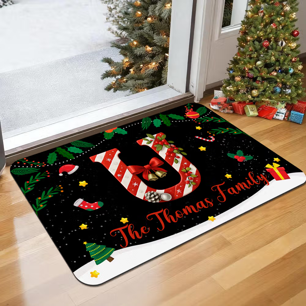 Black doormat with candy cane Christmas design