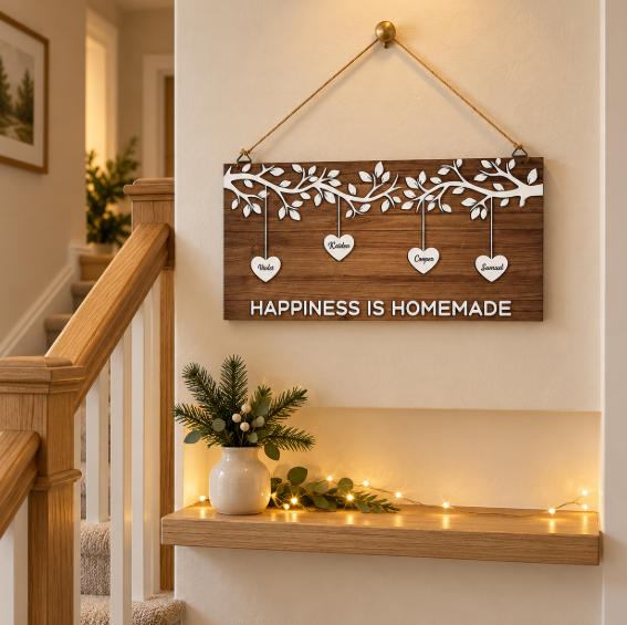 Family tree sign with heart-shaped names