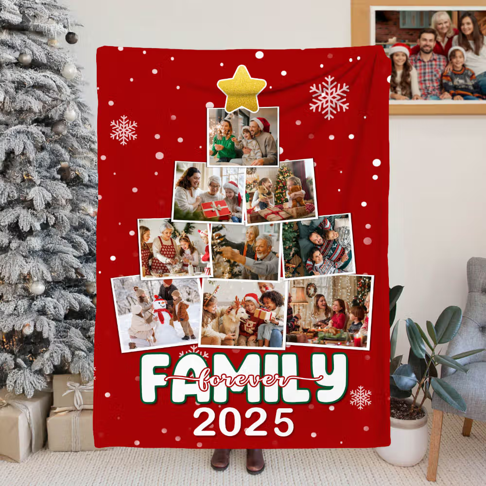 Red nine-photo Christmas tree throw blanket