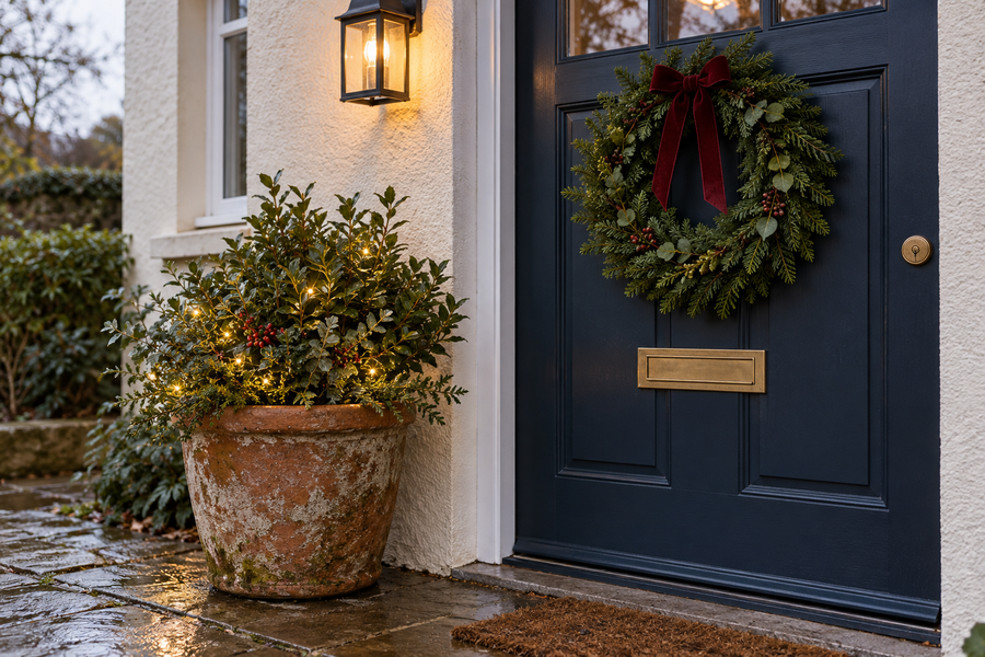 A simple evergreen wreath with burgundy ribbon and an existing terracotta planter beside a front door after rain.